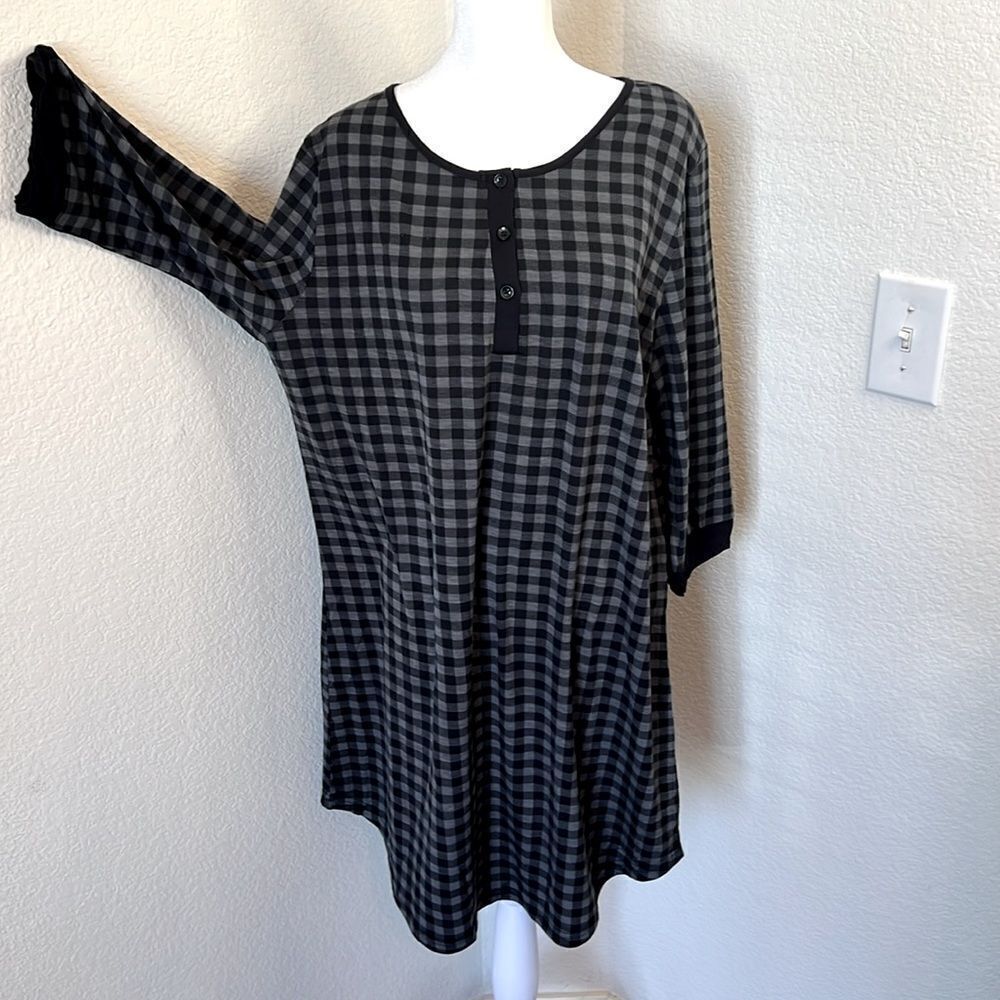 Ekouaer Black and Gray Checked Print Long Sleeve Night Dress ~ Size XL